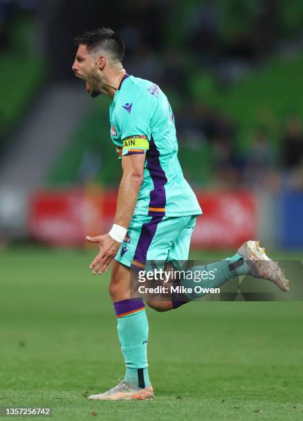 Bruno Fornaroli of the Glory celebrates after scoring a goal during the A-League Mens match between Melbourne Victory and Perth Glory at AAMI Park,...