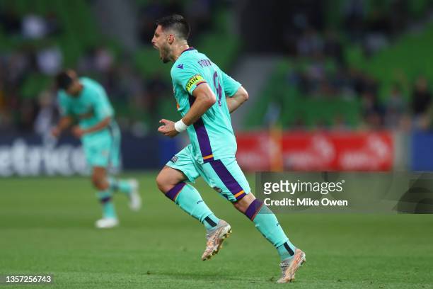 Bruno Fornaroli of the Glory celebrates after scoring a goal during the A-League Mens match between Melbourne Victory and Perth Glory at AAMI Park,...