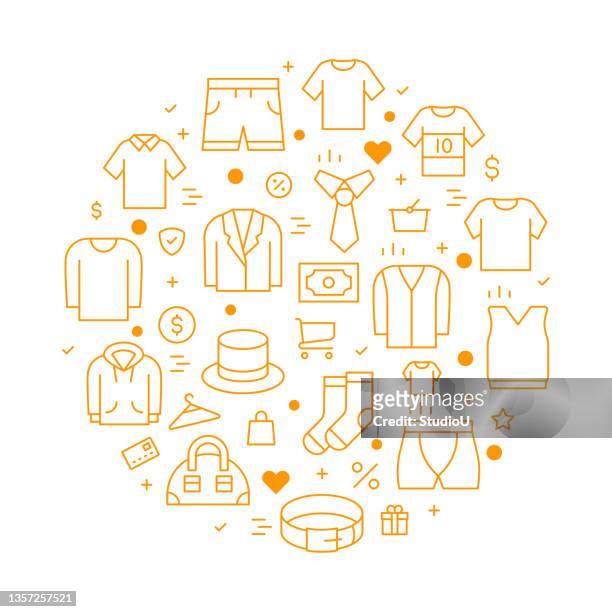 men's clothing round design template line icon concept - denim vest stock illustrations