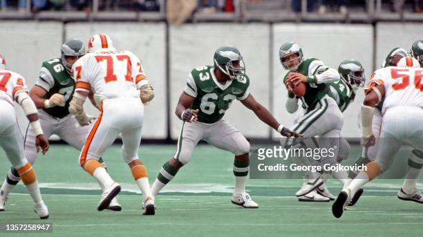 Quarterback Ron Jaworski of the Philadelphia Eagles holds the football as he drops back to pass as offensive linemen Ron Baker and Jerry Sisemore...