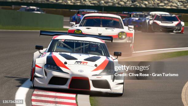 Coque Lopez and Toyota competes in the Manufacturer Series Grand Finals during the Gran Turismo World Series Finals 2021 on December 04, 2021 in...