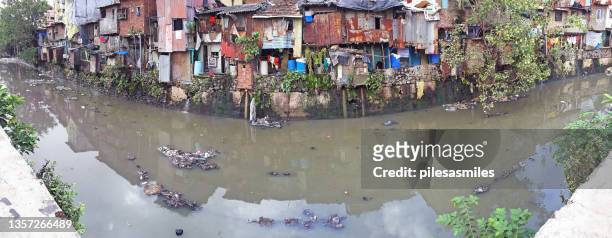 waters edge panorama of poverty, dharavi slums, mumbai, india - mumbai daily life stock pictures, royalty-free photos & images