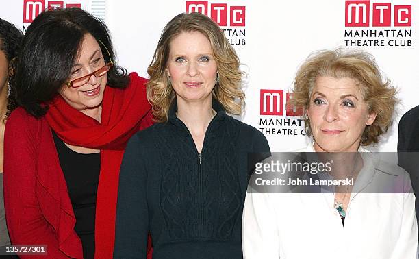 Lynne Meadow, Cynthia Nixon and Suzanne Bertish attend the "WIT" cast meet & greet at the Manhattan Theatre Club Rehearsal Studios on December 13,...