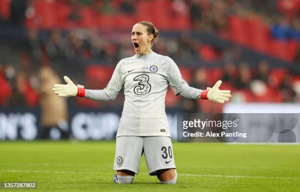 Ann-Katrin Berger of Chelsea celebrates after their team scored their first goal during the Vitality Women's FA Cup Final between Arsenal FC and...
