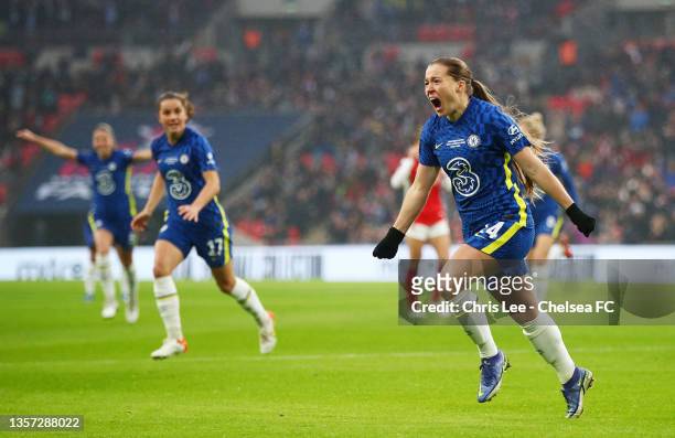Fran Kirby of Chelsea celebrates after scoring their team's first goal during the Vitality Women's FA Cup Final between Arsenal FC and Chelsea FC at...