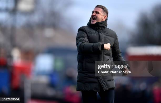 Ryan Lowe the manager of Plymouth Argyle celebrates after the Emirates FA Cup Second Round match between Rochdale and Plymouth Argyle at the Crown...
