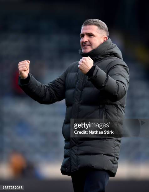 Ryan Lowe the manager of Plymouth Argyle celebrates after the Emirates FA Cup Second Round match between Rochdale and Plymouth Argyle at the Crown...