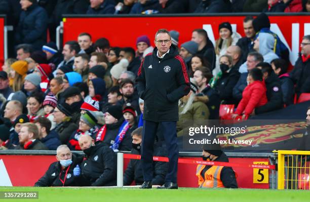 Ralf Rangnick, manager of Manchester United looks on during the Premier League match between Manchester United and Crystal Palace at Old Trafford on...