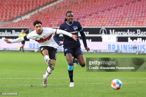 Omar Marmoush of VfB Stuttgart scores their sides first goal during the Bundesliga match between VfB Stuttgart and Hertha BSC at Mercedes-Benz Arena...