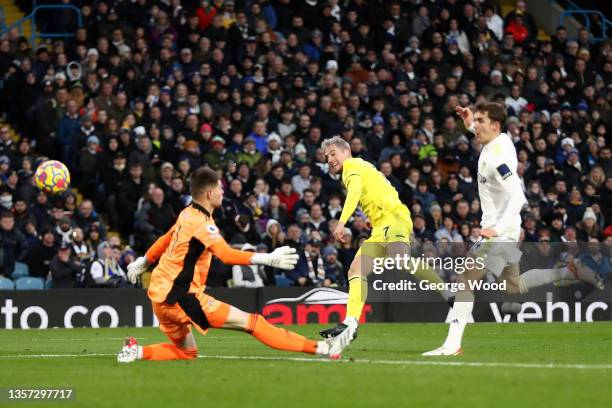 Sergi Canos of Brentford scores their side's second goal during the Premier League match between Leeds United and Brentford at Elland Road on...