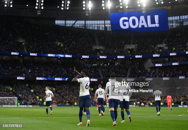 Davinson Sanchez of Tottenham Hotspur celebrates after scoring their sides second goal during the Premier League match between Tottenham Hotspur and...