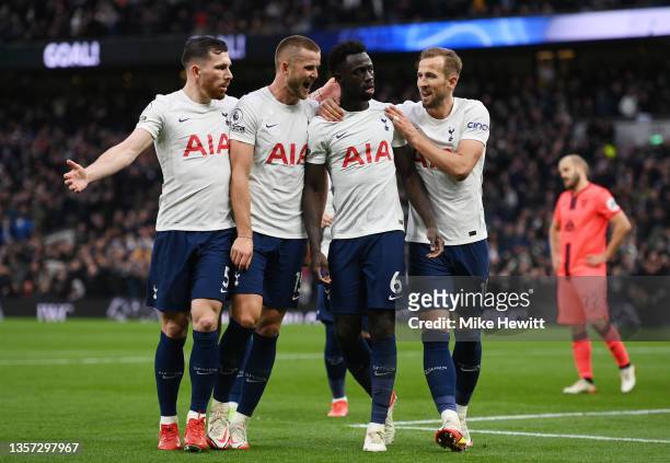 Davinson Sanchez of Tottenham Hotspur celebrates after scoring their sides second goal with team mates Pierre-Emile Hojbjerg, Eric Dier and Harry...