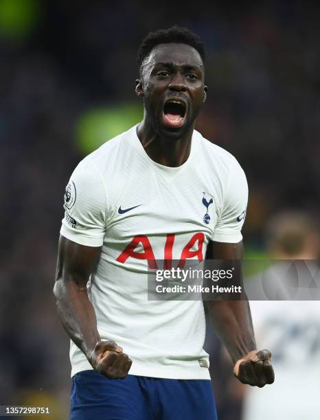 Davinson Sanchez of Tottenham Hotspur celebrates after scoring their sides second goal during the Premier League match between Tottenham Hotspur and...