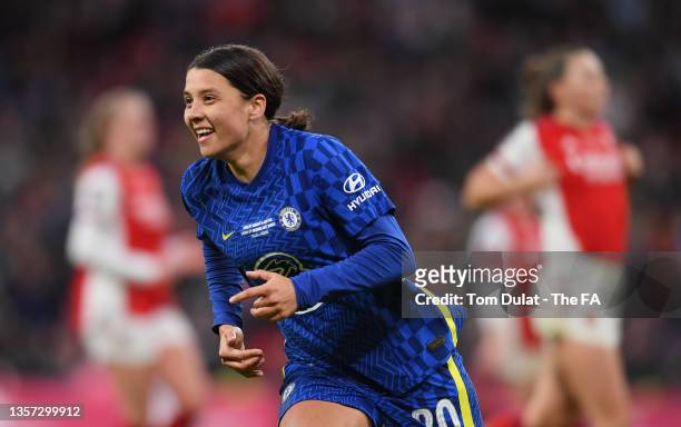 Sam Kerr of Chelsea celebrates after scoring their team's third goal during the Vitality Women's FA Cup Final between Arsenal FC and Chelsea FC at...
