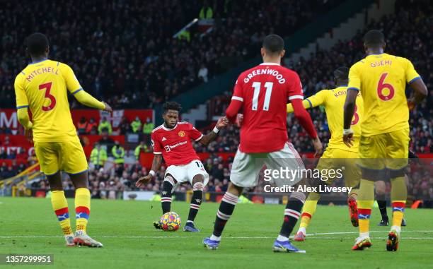 Fred of Manchester United scores their side's first goal during the Premier League match between Manchester United and Crystal Palace at Old Trafford...