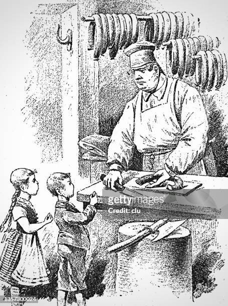 ilustraciones, imágenes clip art, dibujos animados e iconos de stock de niño y niña comprando salchichas en la carnicería - 1887