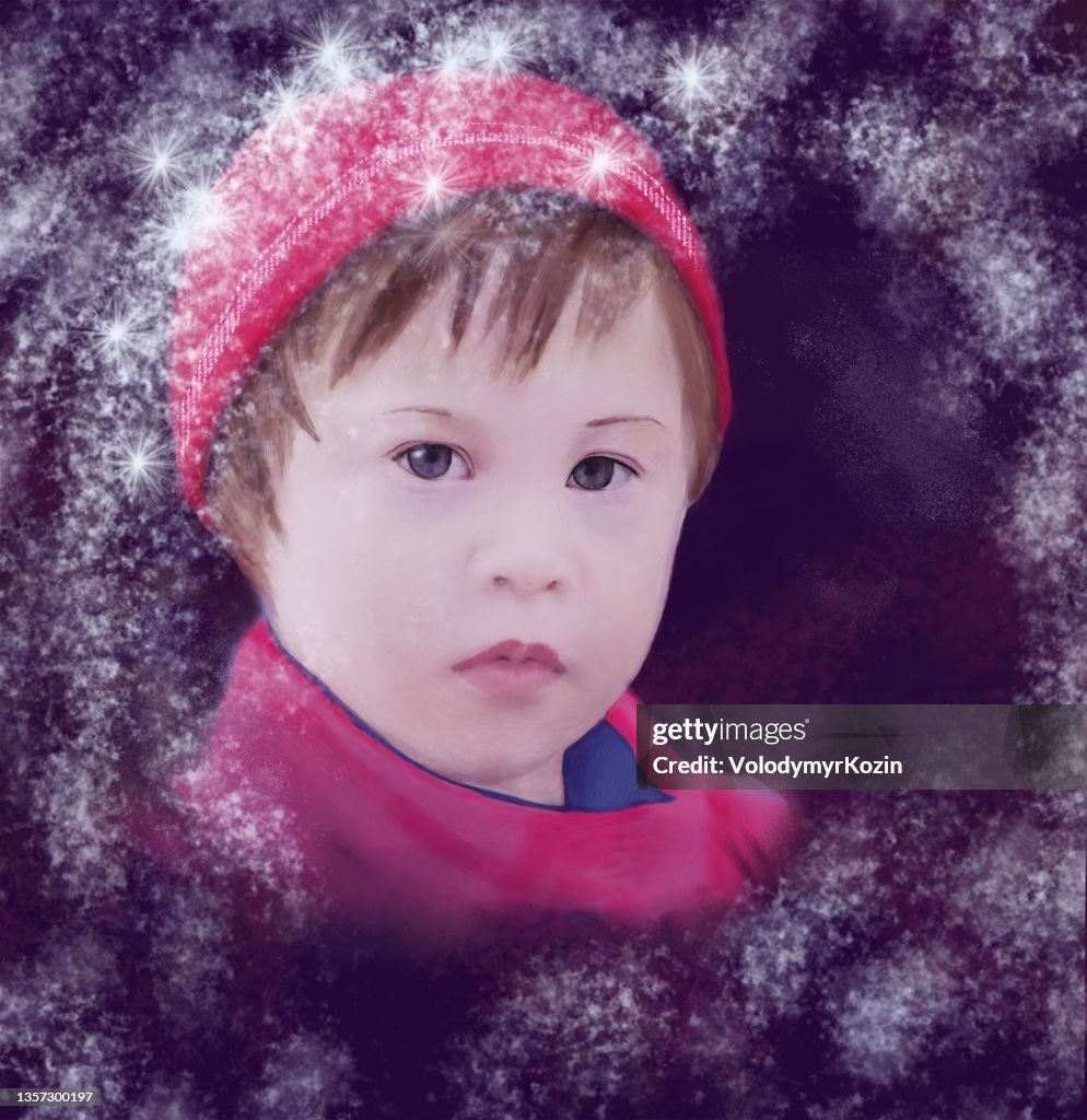 Illustrative portrait of a girl with special needs in pink