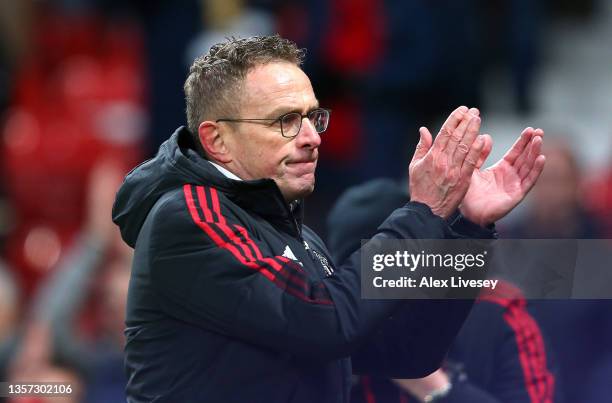 Ralf Rangnick, Manager of Manchester United acknowledges the fans after the Premier League match between Manchester United and Crystal Palace at Old...