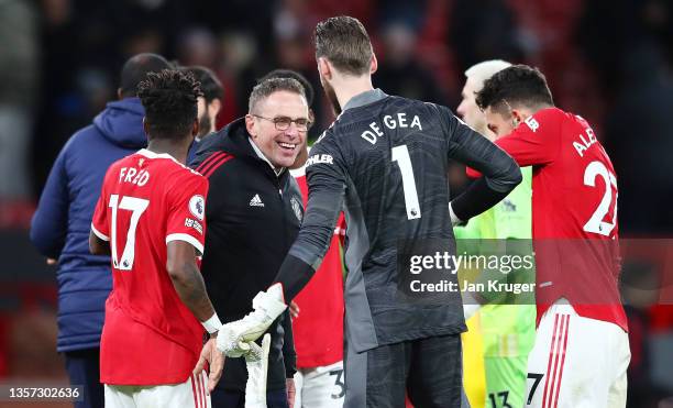 David De Gea of Manchester United in discusion with Ralf Rangnick, Manager of Manchester United after the Premier League match between Manchester...