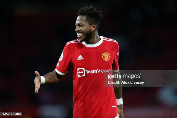 Fred of Manchester United celebrates at the full time whistle after the Premier League match between Manchester United and Crystal Palace at Old...