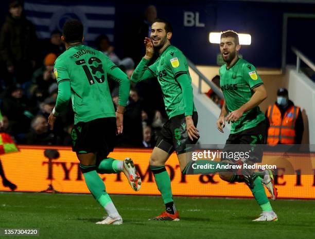 Mario Vrančić of Stoke City is congratulated after he scores their second goal 1during the Sky Bet Championship match between Queens Park Rangers and...