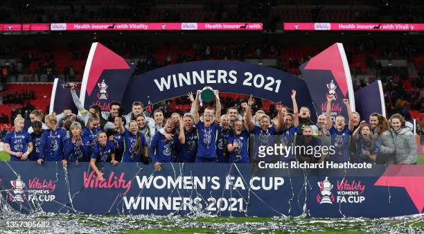 Magdalena Eriksson of Chelsea lifts The Vitality Women's FA Cup trophy following their side's victory during the Vitality Women's FA Cup Final...