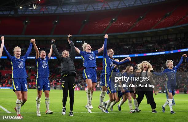 Sophie Ingle, Jessie Fleming, Carly Telford and Millie Bright of Chelsea celebrate after their sides victory in the Vitality Women's FA Cup Final...