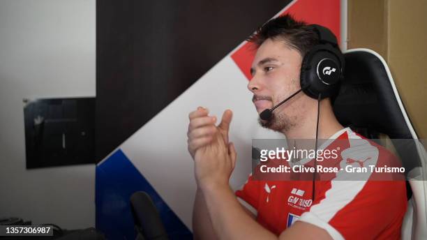 Baptiste Beauvois of France reacts after finishing second in the Nations Cup Grand Final during the Gran Turismo World Series Finals 2021 run on the...