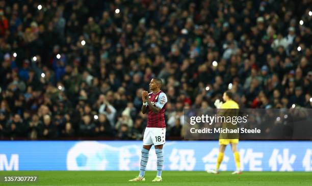 Ashley Young of Aston Villa applauds in the 6th minute in memory of Arthur Labinjo-Hughes during the Premier League match between Aston Villa and...