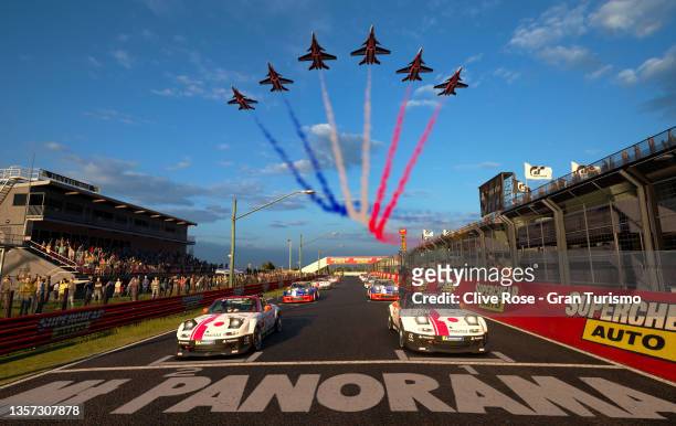 General view from the start of race one in the Nations Cup Grand Final during the Gran Turismo World Series Finals 2021 run on the virtual Bathurst...