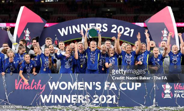 Magdalena Eriksson of Chelsea lifts The Vitality Women's FA Cup trophy following their side's victory during the Vitality Women's FA Cup Final...