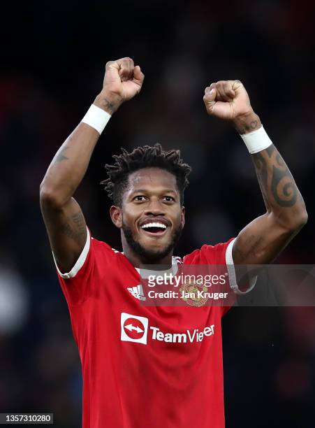 Fred of Manchester United celebrates at the full time whistle during the Premier League match between Manchester United and Crystal Palace at Old...