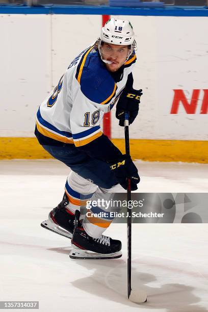 Robert Thomas of the St. Louis Blues skates with the puck against the Florida Panthers at the FLA Live Arena on December 4, 2021 in Sunrise, Florida.