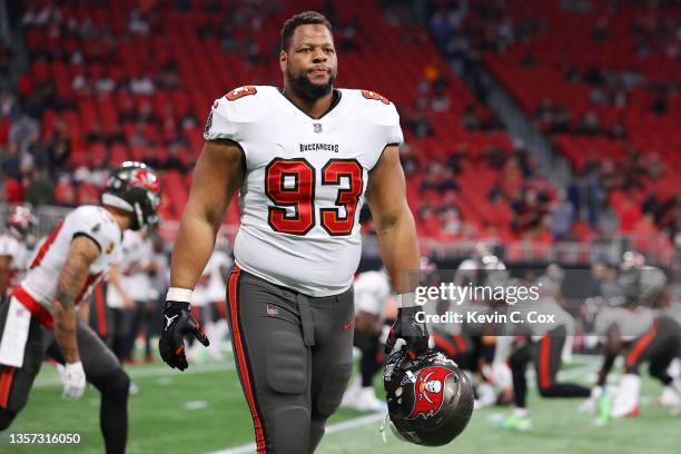 Ndamukong Suh of the Tampa Bay Buccaneers looks on prior to the game against the Atlanta Falcons at Mercedes-Benz Stadium on December 05, 2021 in...