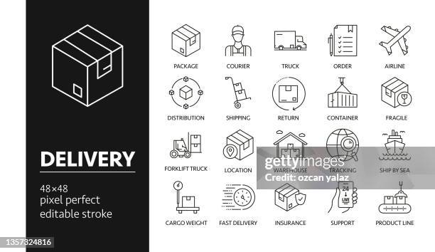 ilustrações, clipart, desenhos animados e ícones de ícones de desenho vetorial de entrega na grade de 48px com largura de traçado de 1px. infográficos, móveis e web etc. - dando