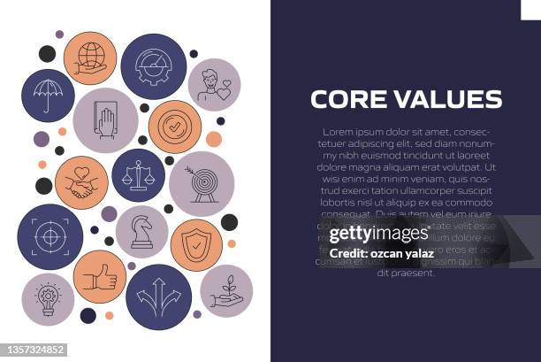 pattern and line icons related to core values. workflow layout with linear icons. editable template. - moral compass stock illustrations