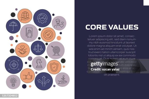 pattern and line icons related to core values. workflow layout with linear icons. editable template. - 道德羅盤 幅插畫檔、美工圖案、卡通及圖標