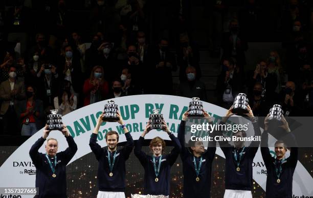 Captain Shamil Tarpischev, Danil Medvedev, Andrey Rublev, Aslan Karatsev, Karen Kachanov and Evgeny Donskoy of The Russian Tennis Federation...