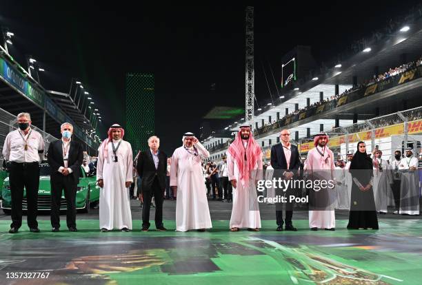 Ross Brawn, Managing Director of the Formula One Group, Chase Carey, Prince Khaled bin Sultan Al-Abdullah Al-Faisal, chairman of the Saudi Automobile...