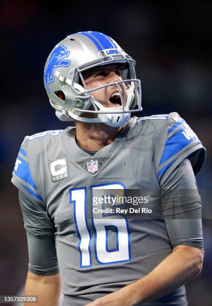 Jared Goff of the Detroit Lions reacts after throwing the ball for a touchdown during the second quarter against the Minnesota Vikings at Ford Field...