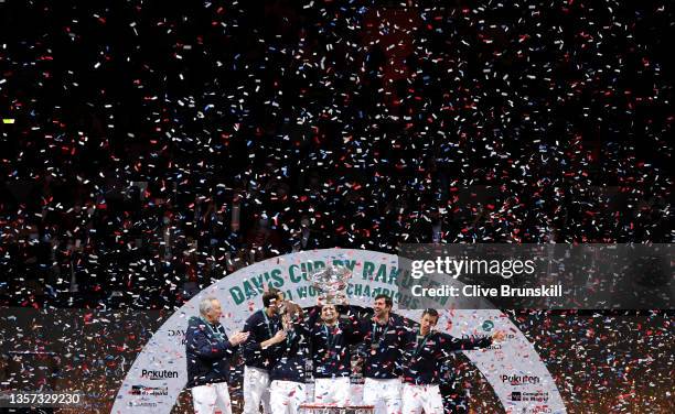 Captain Shamil Tarpischev, Danil Medvedev, Andrey Rublev, Aslan Karatsev, Karen Kachanov and Evgeny Donskoy of The Russian Tennis Federation...