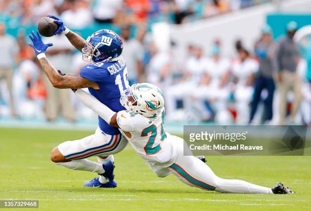 Kenny Golladay of the New York Giants makes a catch against Byron Jones of the Miami Dolphins in the second quarter at Hard Rock Stadium on December...