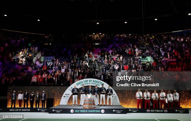 Captain Shamil Tarpischev, Andrey Rublev, Danil Medvedev, Karen Kachanov, Aslan Karatsev, and Evgeny Donskoy of The Russian Tennis Federation...