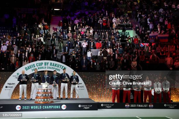 Captain Shamil Tarpischev, Andrey Rublev, Danil Medvedev, Karen Kachanov, Aslan Karatsev, and Evgeny Donskoy of The Russian Tennis Federation...