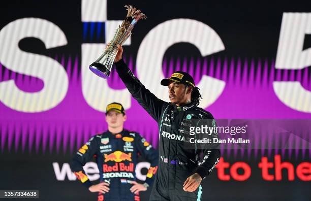 Race winner Lewis Hamilton of Great Britain and Mercedes GP celebrates on the podium during the F1 Grand Prix of Saudi Arabia at Jeddah Corniche...