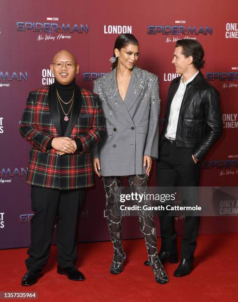 Jacob Batalon, Zendaya and Tom Holland attend a photocall for "Spiderman: No Way Home" at The Old Sessions House on December 05, 2021 in London,...