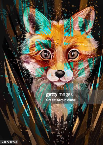 mystery fox illustration, magical forest konzeptkunst - fox drawing stock-grafiken, -clipart, -cartoons und -symbole