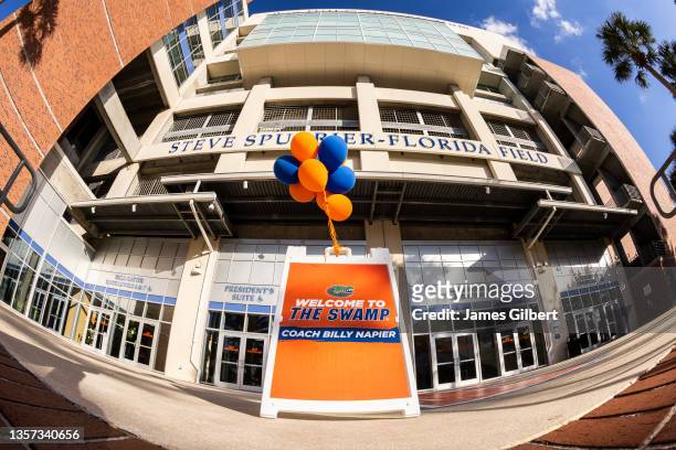 Sign welcoming Head Coach Billy Napier of the Florida Gators is seen outside of Ben Hill Griffin Stadium on December 05, 2021 in Gainesville, Florida.