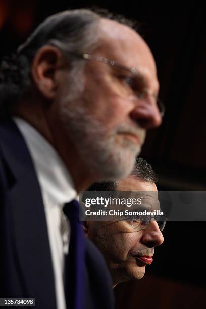 Former MF Global Chairman and CEO Jon Corzine and former President and COO Bradley Abelow testify before the Senate Agriculture, Nutrition and...