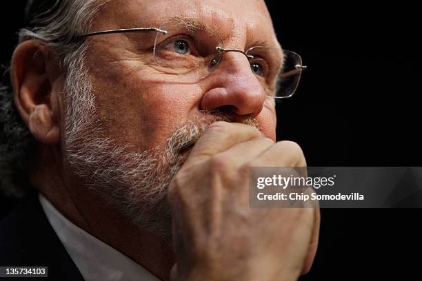 Former MF Global Chairman and CEO Jon Corzine testifies before the Senate Agriculture, Nutrition and Forestry Committee about the demise and...